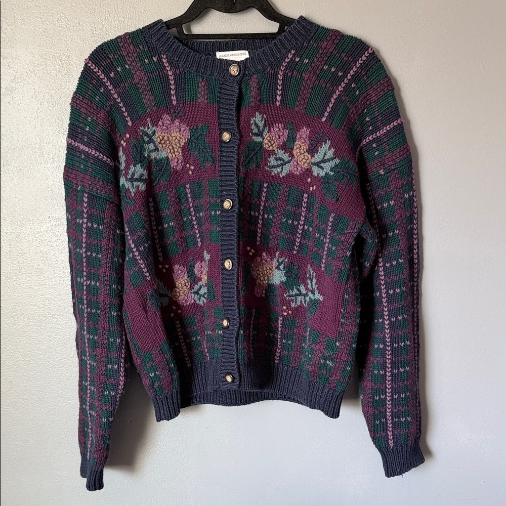 VTG Christopher & Banks Hand Embroidered Floral Hearts Knit Button Down Cardigan